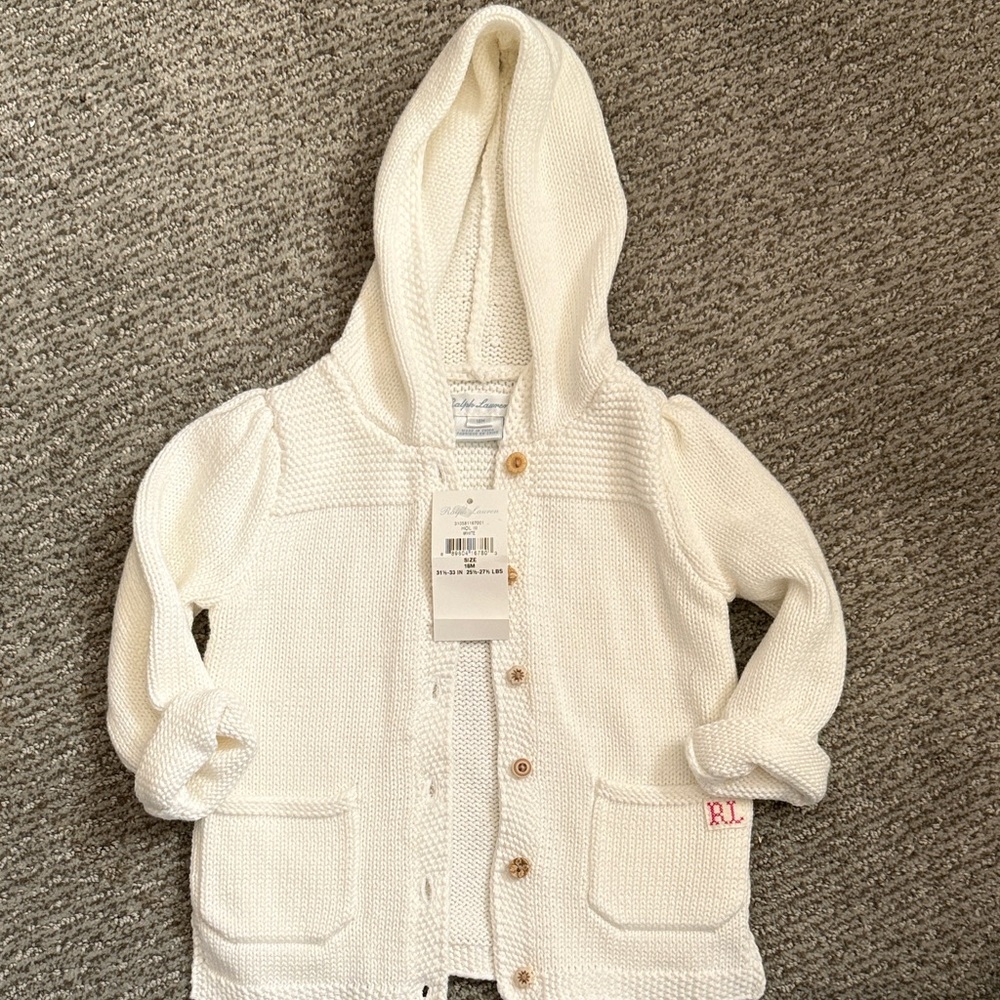 NWT RALPH LAUREN Toddler White Hooded Cardigan- 18 months
